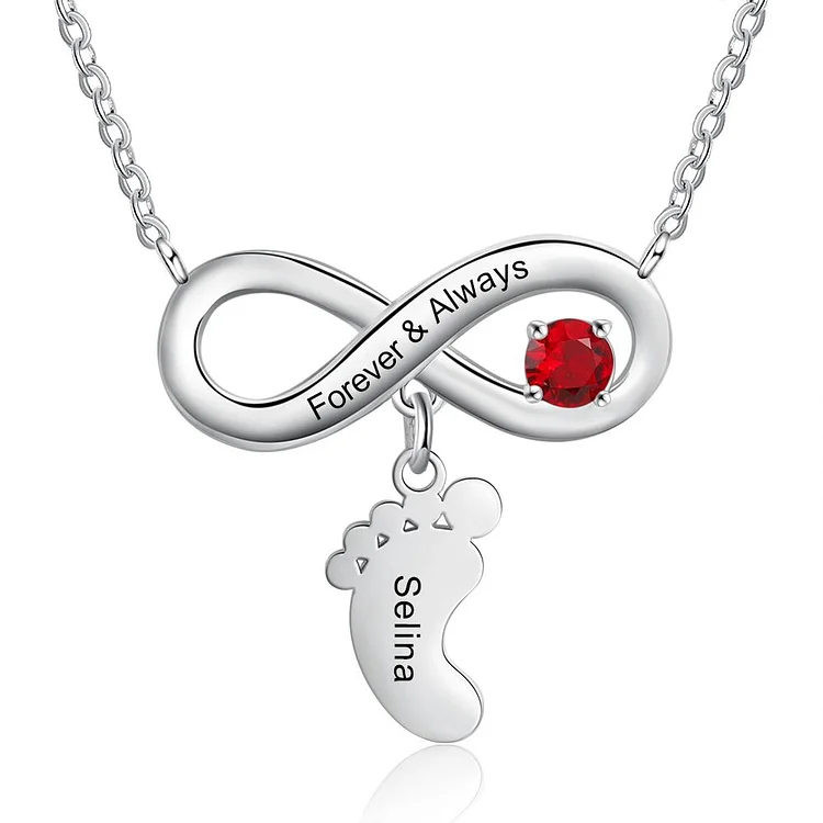 Infinity Baby Feet Necklace Mother Necklace with Kid's Name and Birthstone