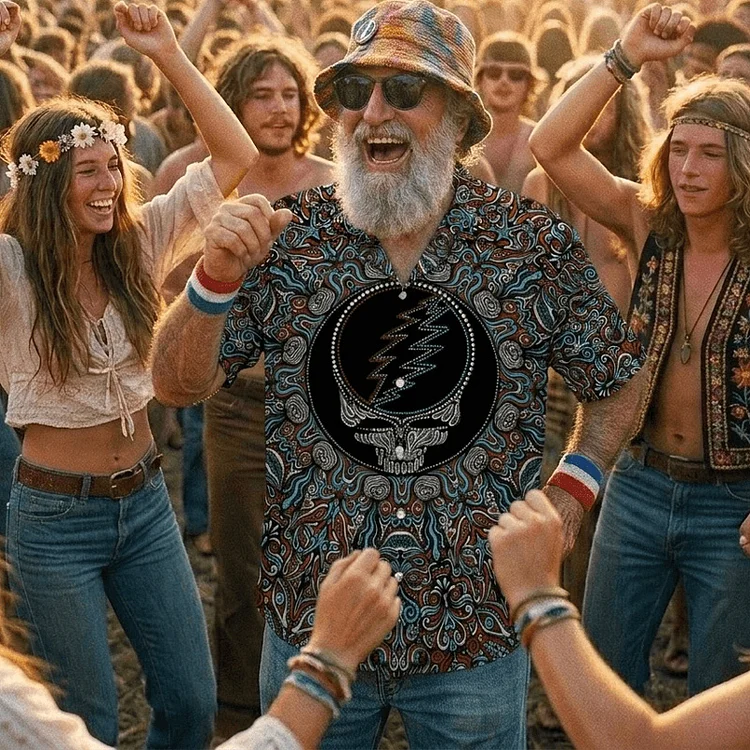 Vintage Grateful Dead Skull & Bear &Terrapin Graphic Cuban Collar Short Sleeve Shirt &ndash; Unisex Retro Cotton Top