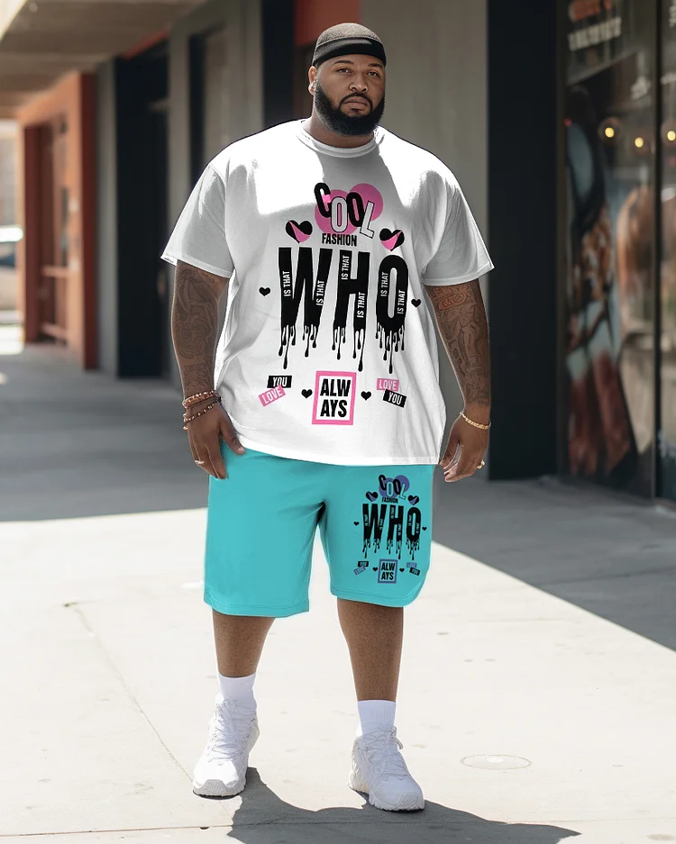 Men's Plus Size Cool Who Always Cartoon Color Block Graffiti Short Sleeve Shorts Set