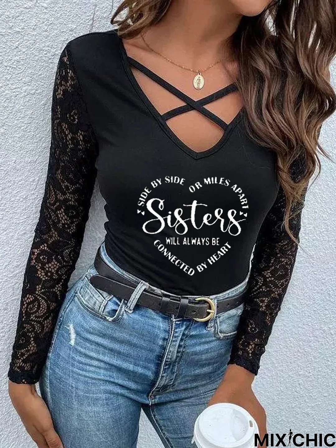 Jersey Casual Lace Text Letters T-Shirt