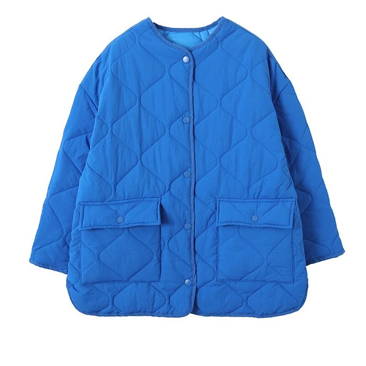 Fashion Loose Blue Round Neck Long Sleeve Cotton-padded Coat