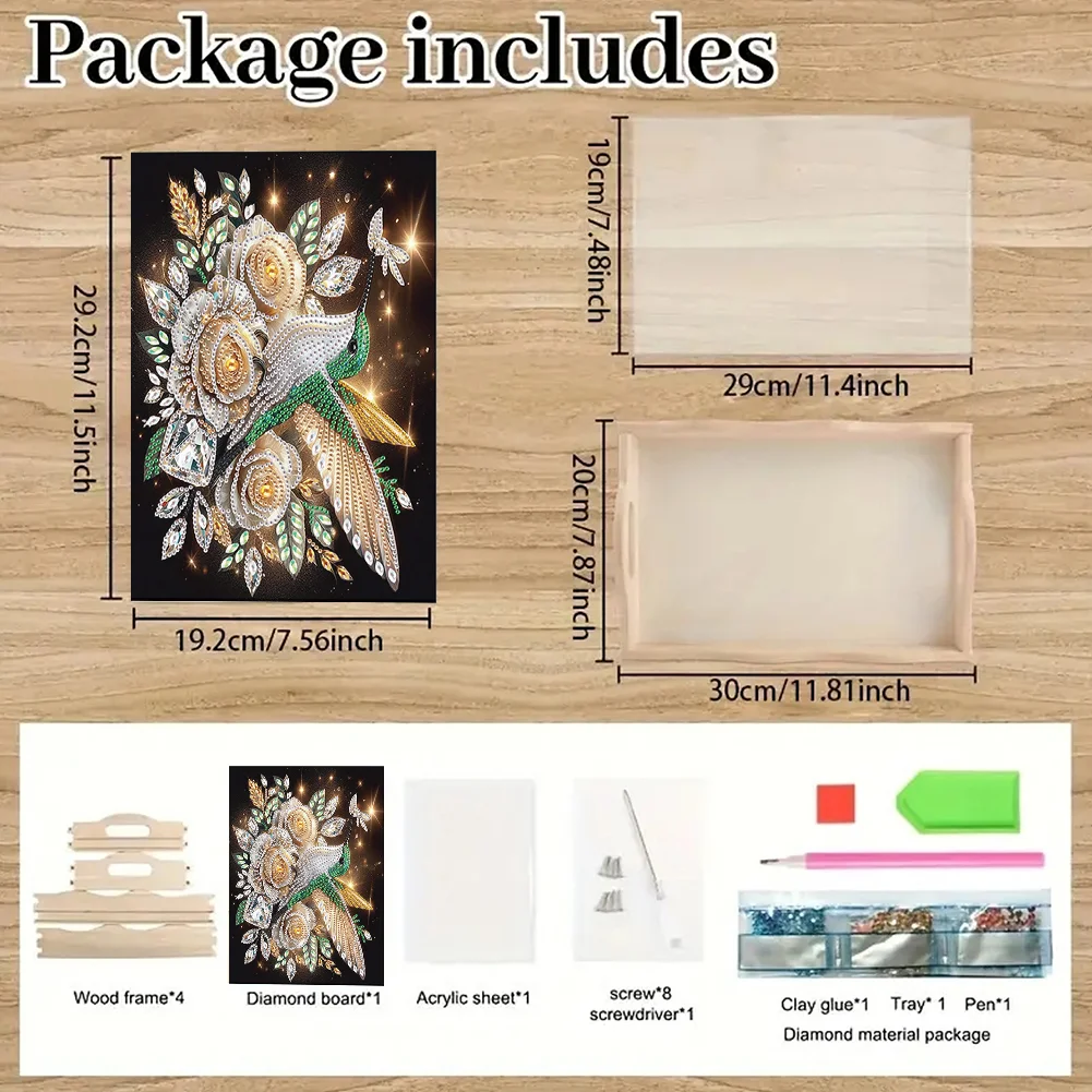 5D DIY Flower Hummingbird Diamond Painting Wooden Serving Tray with Handle for Desk