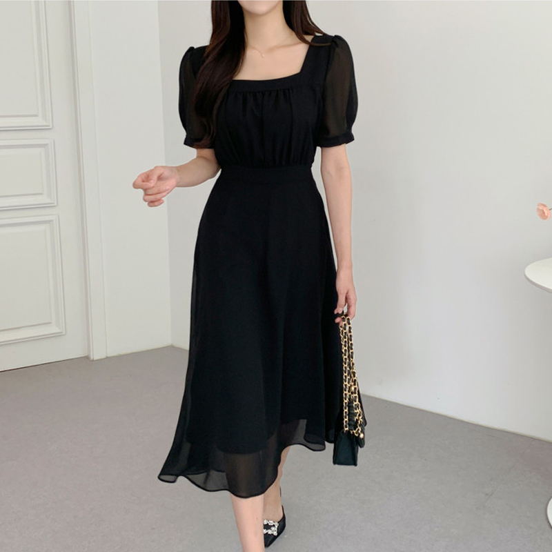Proslotss glam dresses for women 2025 New Korean Fashion Chiffon Dress Women Summer Square Collor Puff Sleeve Office lady Elegant Dresses Design Vestidos Clothing