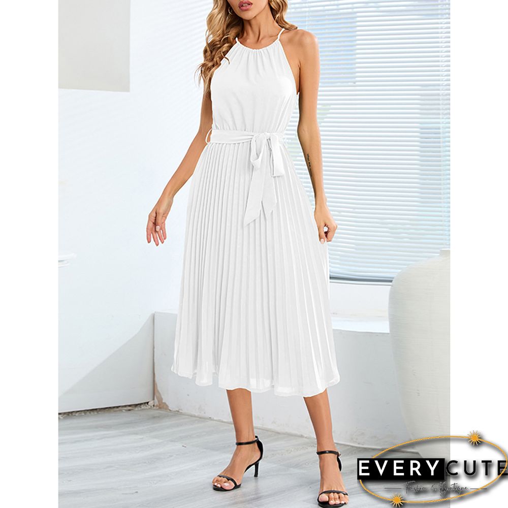 White Spaghetti Strap Tie Waist Pleated Midi Dress