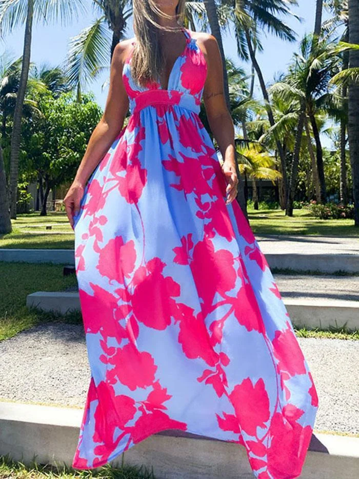 Summer Bohemian Printed V-neck Sleeveless Dress with Sling