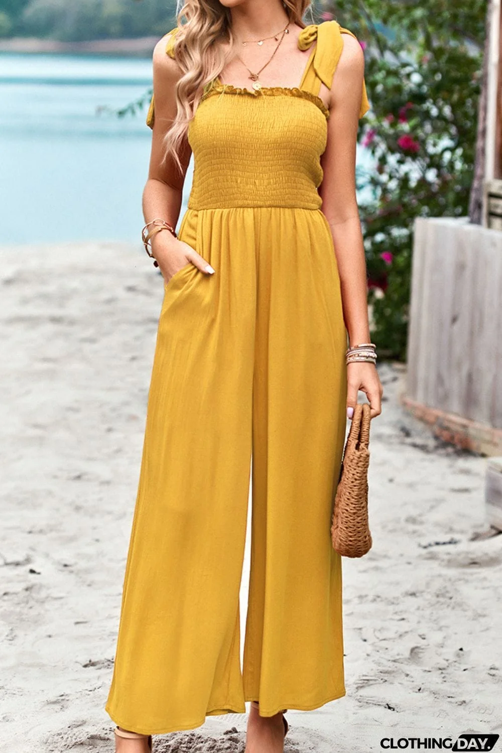 Frill Trim Tie Shoulder Wide Leg Jumpsuit with Pockets