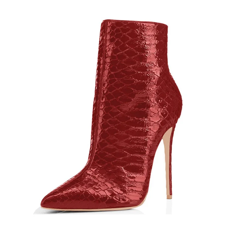 Red Snakeskin Pointy Toe Stiletto Heel Ankle Boots - Vegan Friendly Vdcoo