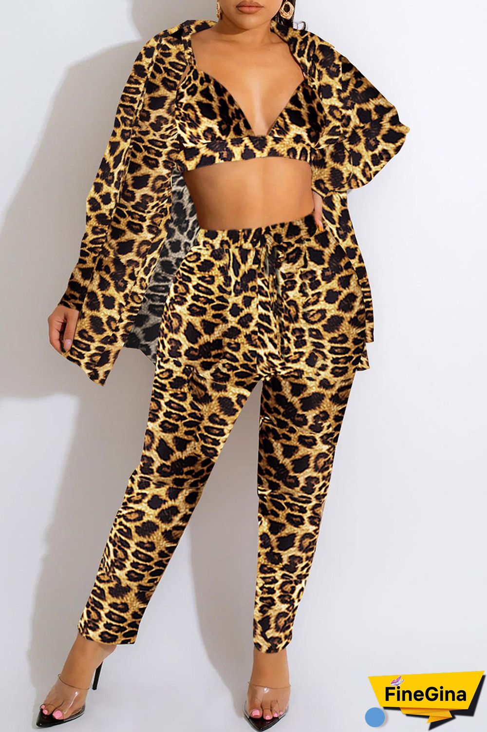 Tiger Pattern Fashion Casual Print Cardigan Vests Pants Turn-back Collar Long Sleeve Two Pieces