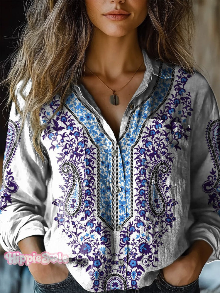 Elegant Ethnic Pattern Printed Women’s Casual Long Sleeve Comfortable Cotton Shirt Multicolor / S