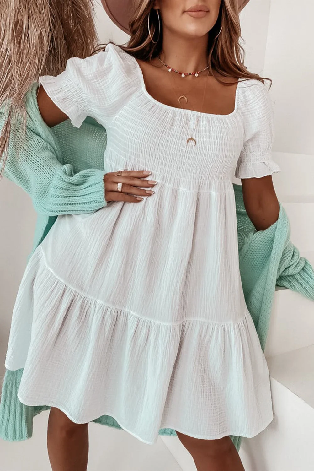 White Smocked Square Neck Textured Mini Dress | IFYHOME