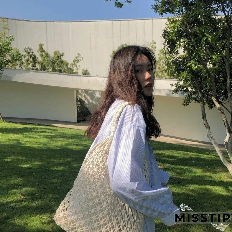Paziye Shoulder Woven Bag Handbag Handmade Cotton Rope Net Bag Beach Bag
