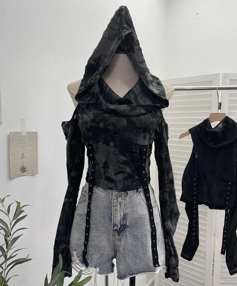 Uveng Real Shooting Doomsday Wasteland Wind To Make Old Worn Hooded Long-Sleeved T-Shirt Short High-Waisted Umbilly Top 9259