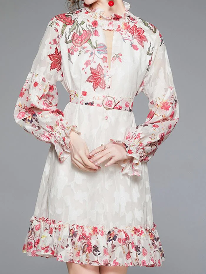Elegant Jacquard Print Lantern Long Sleeve Dress
