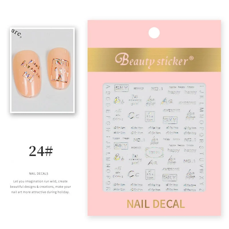 1 Sheet New Roman English Alphabet Number 3D Nail Stickers Christmas Animals iridescent Gold Silver Word Small Letters Nail