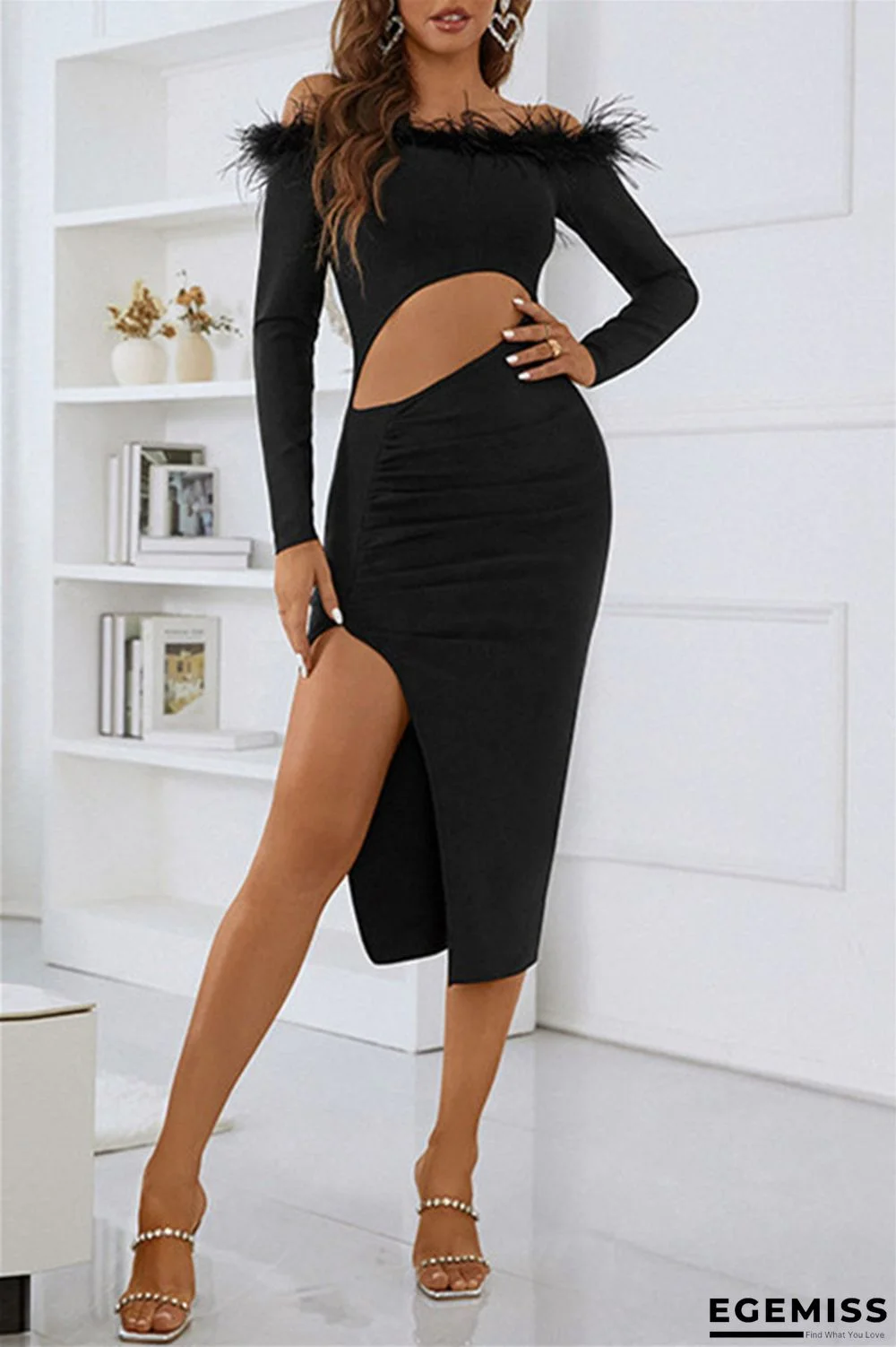 Black Sexy Solid Hollowed Out Patchwork Feathers Backless Off the Shoulder Long Sleeve Dresses | EGEMISS
