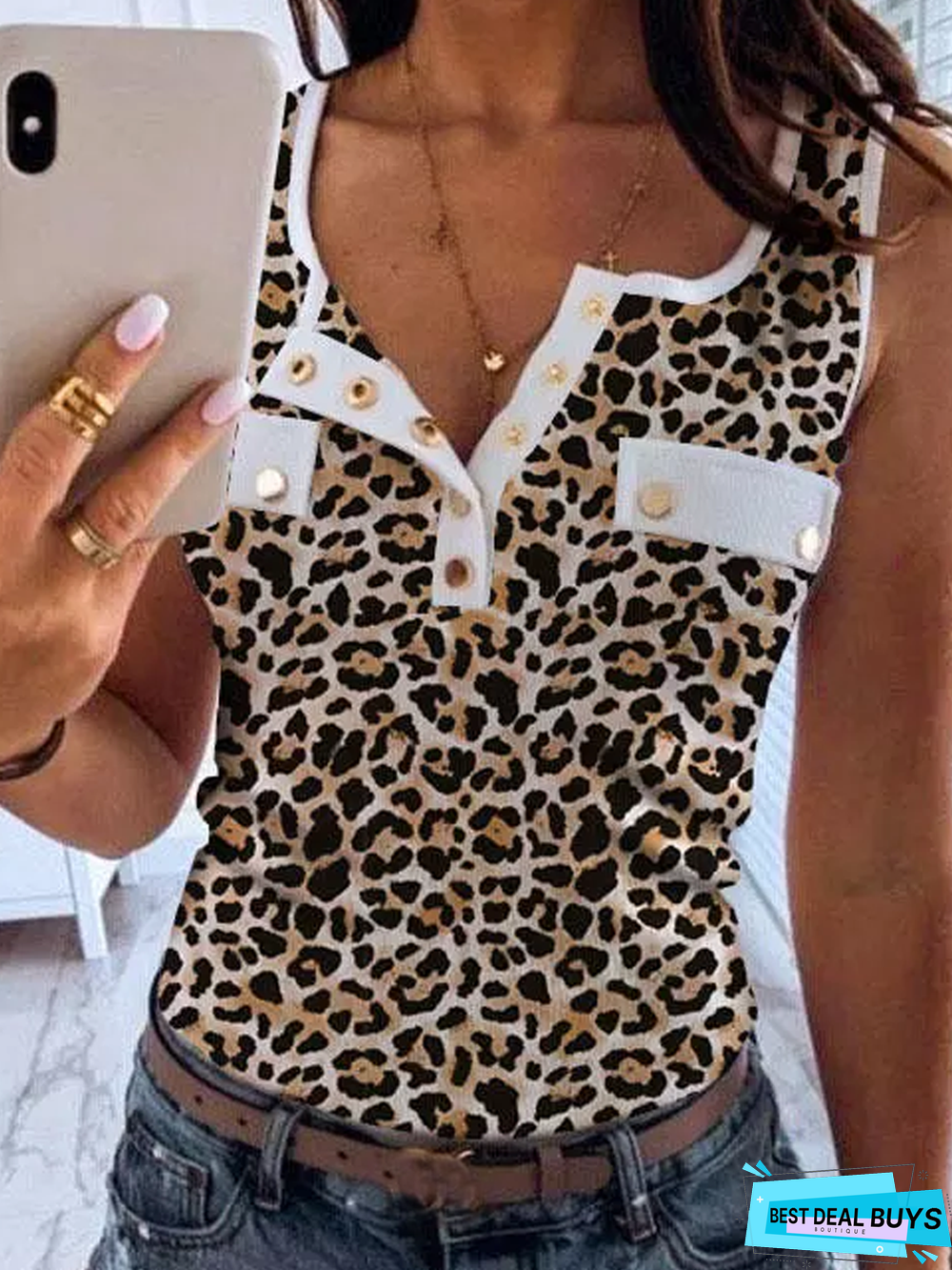 Casual Leopard Buckle V Neck Tank & Cami
