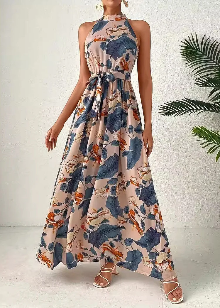 Bohemian Blue Cold Shoulder Print Lace Up Cotton Dress Sleeveless