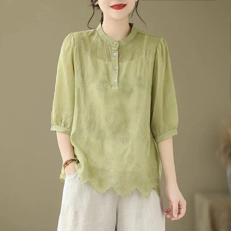 Summer Retro Embroidery Linen Blouse