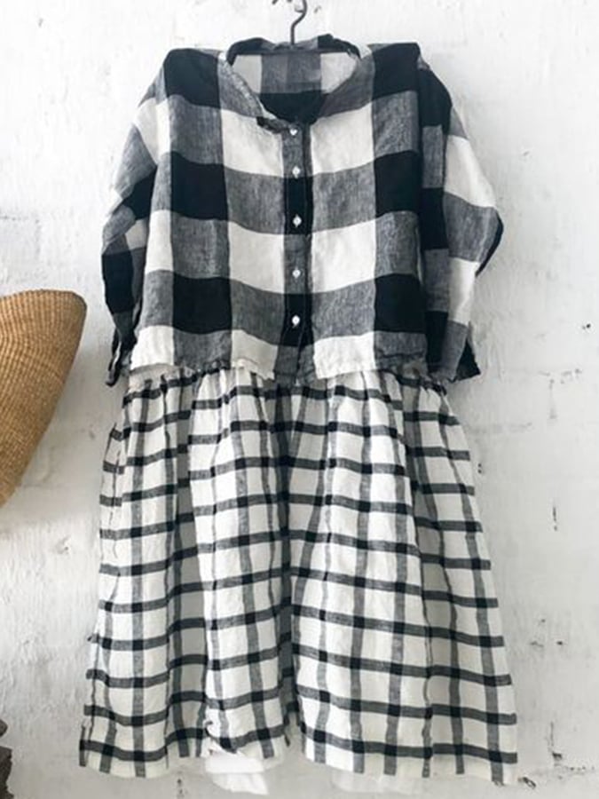 Women's Plaid False Two-Piece Stitching Print Casual Dress