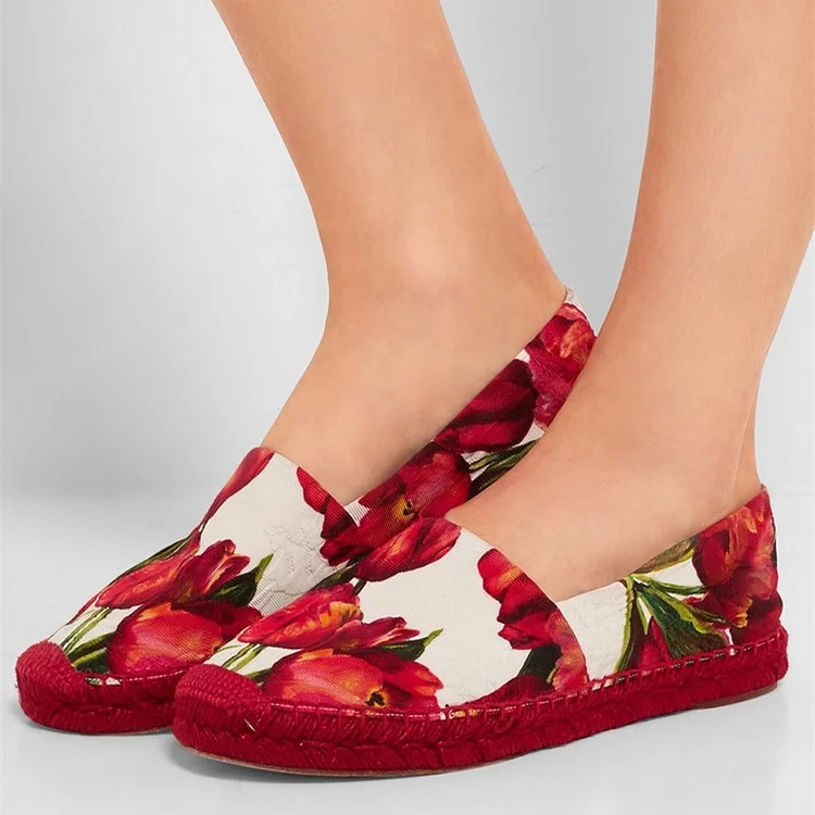 Women's Red and White Round Toe Floral Comfortable Flats |FSJ Shoes