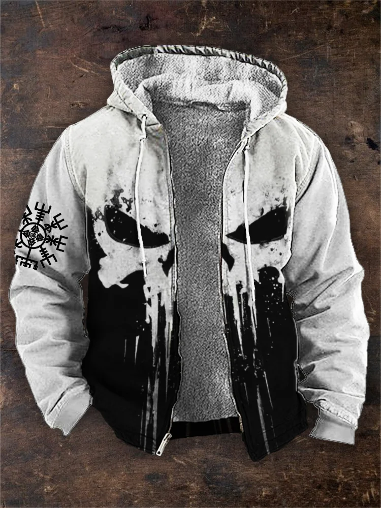 Wearshes Men's Viking Vegvisir Skull Contrast Cozy Fleece Zip Hoodie