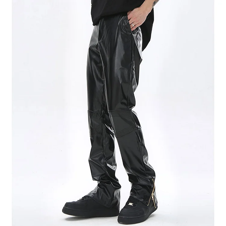 High Street Hip Hop Slit Zipper Black Baggy PU Leather Pants for Men at Hiphopee