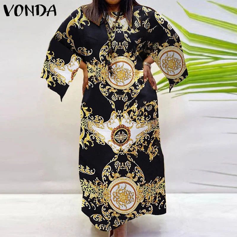 VONDA Women Bohemian Dress 2022 Casual Loose 3/4 Sleeve Holiday Dress Female Vintage Printed Party Vestidos Oversized Robe Femme