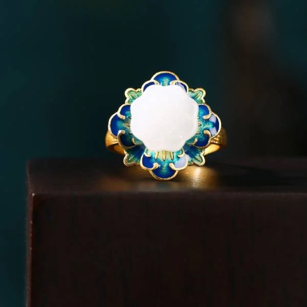 Natural Jadeite Enameled Vintage Lotus Ring