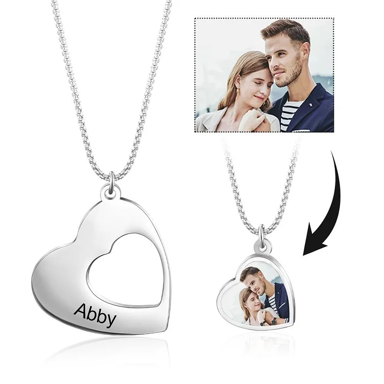Personalized Heart Photo Necklace Two Hearts Match Necklace Engraved Name