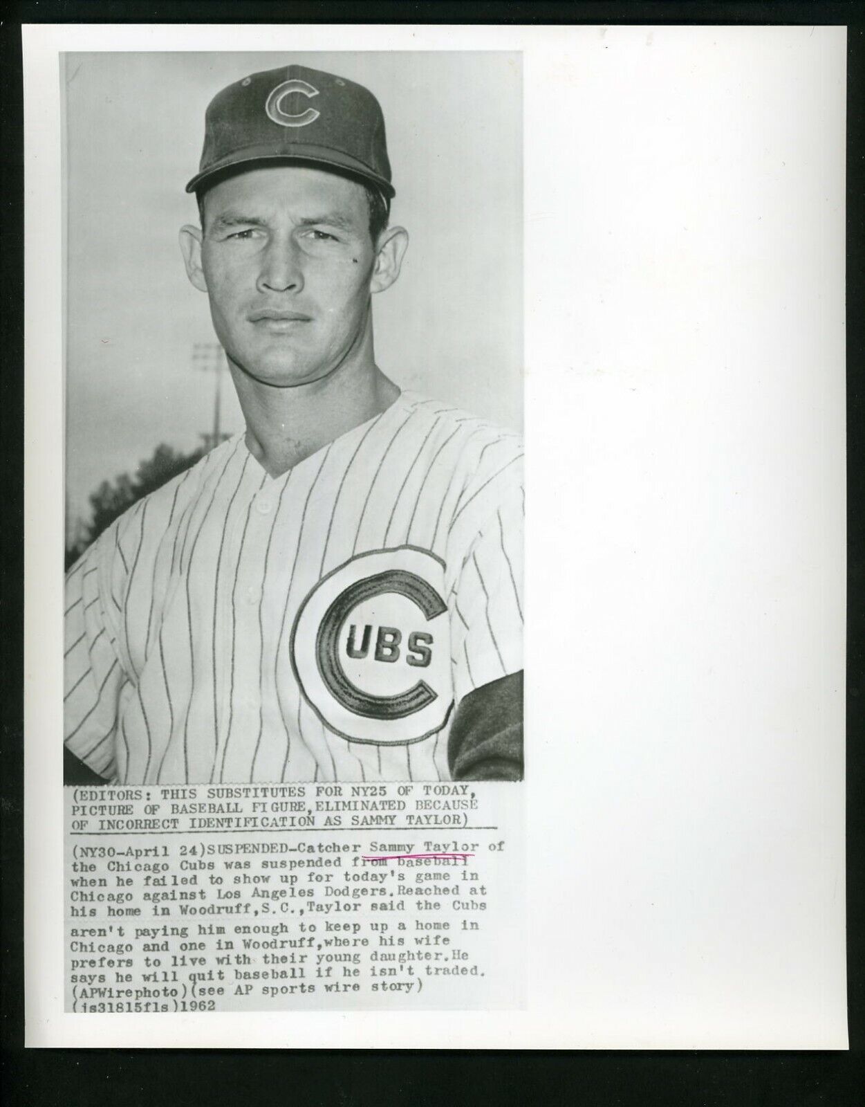 Sammy Taylor wants to be traded 1962 Press Photo Poster painting Chicago Cubs