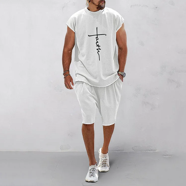 Men's Sporty Cross Pattern Crew Neck Cap Sleeve Raw Edge T-shirt & Pocket Shorts 2Pcs Set