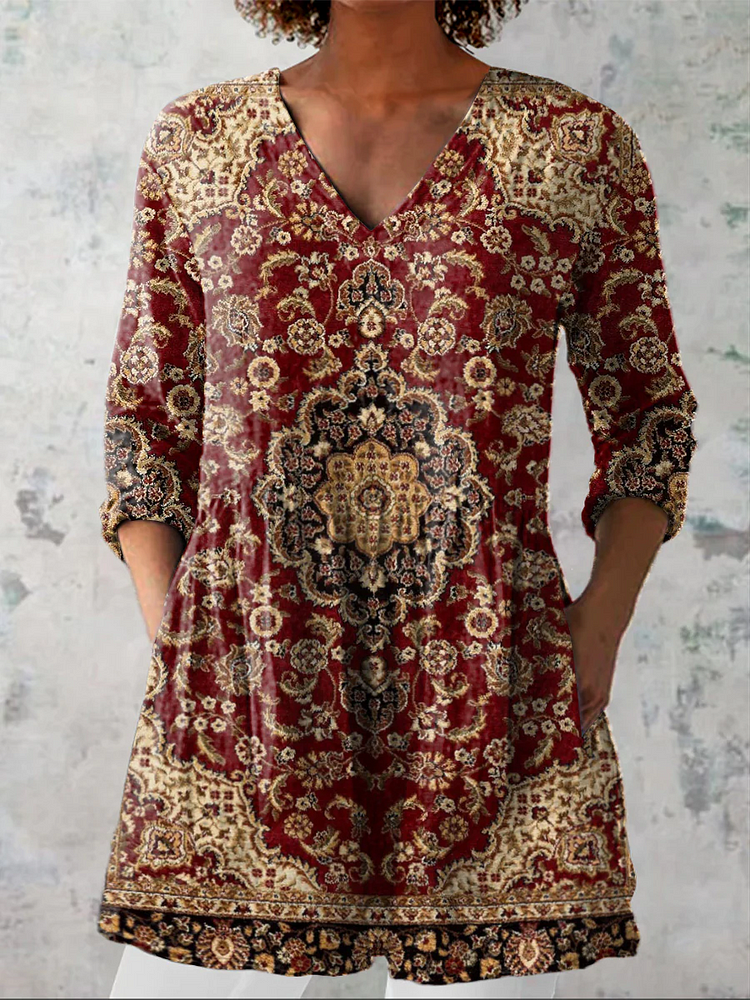 Womens  Retro Elegant Geometric Floral Pattern Casual Linen V-Neck Shirt