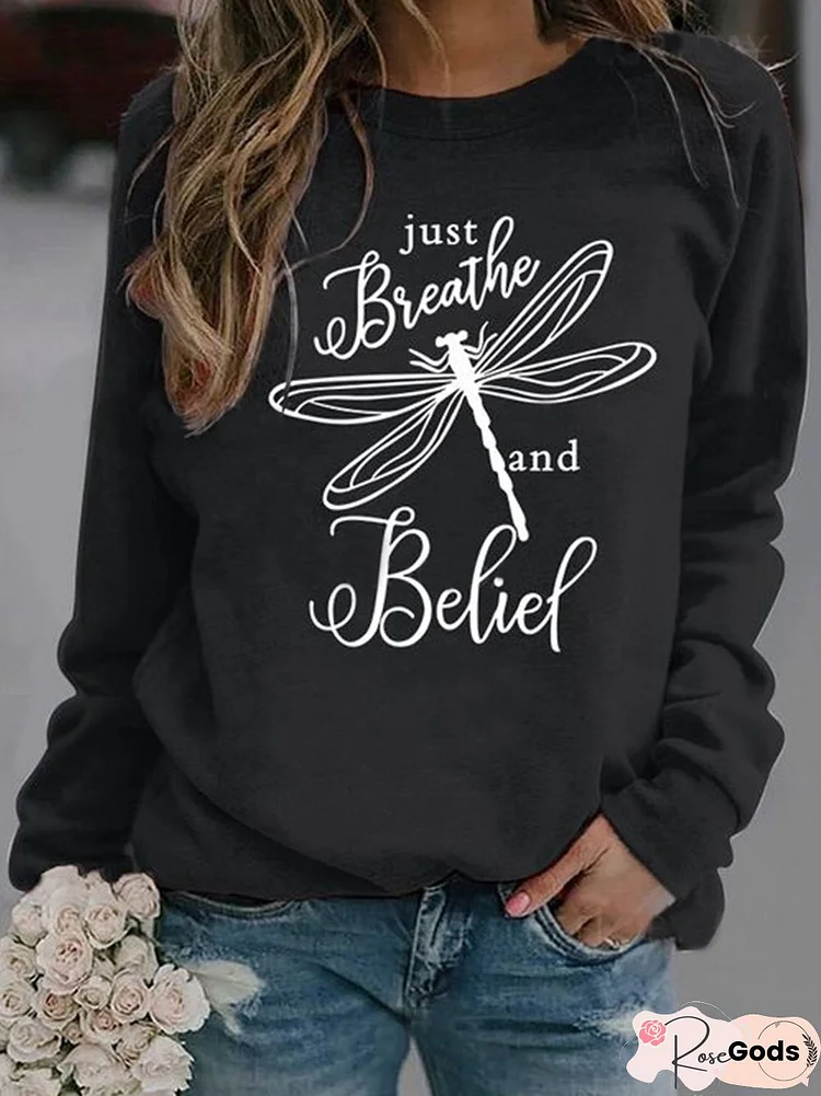 Casual Dragonfly Autumn Polyester Micro-Elasticity Daily Long Sleeve Crew Neck Regular Sweatshirts For Women