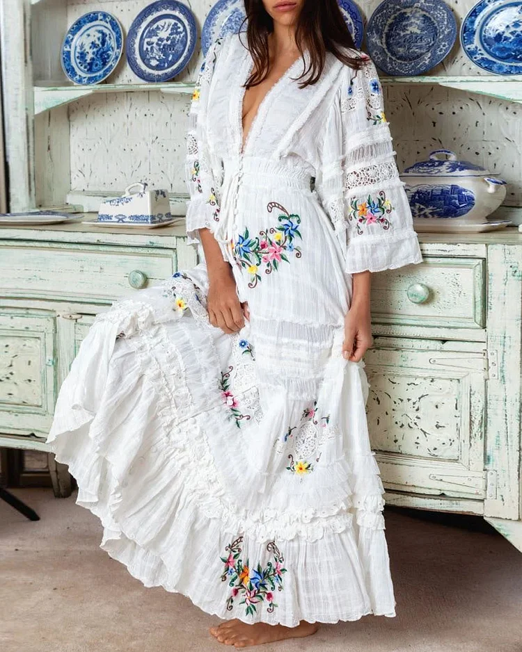 Luxe Floral Embroidery Lace Insets Kimono Sleeves Mesh Tulle Dress