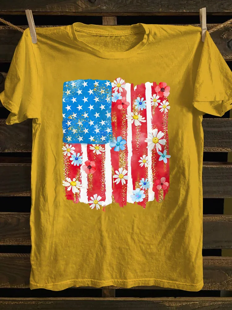 Flower Brushstroke America Flag T-shirt