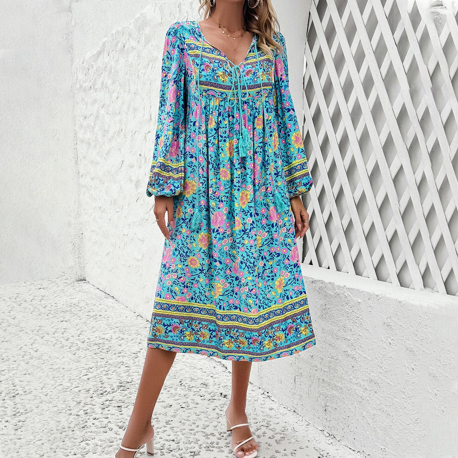 Mature Women's Holiday Floral Print Long Sleeve Dress
