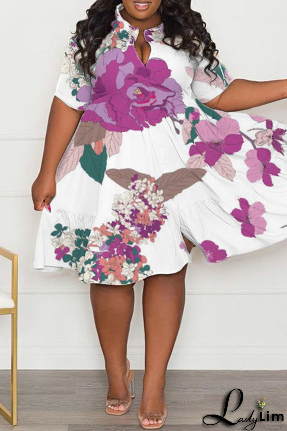 Purple Casual Print Patchwork Fold Turndown Collar A Line Plus Size Dresses