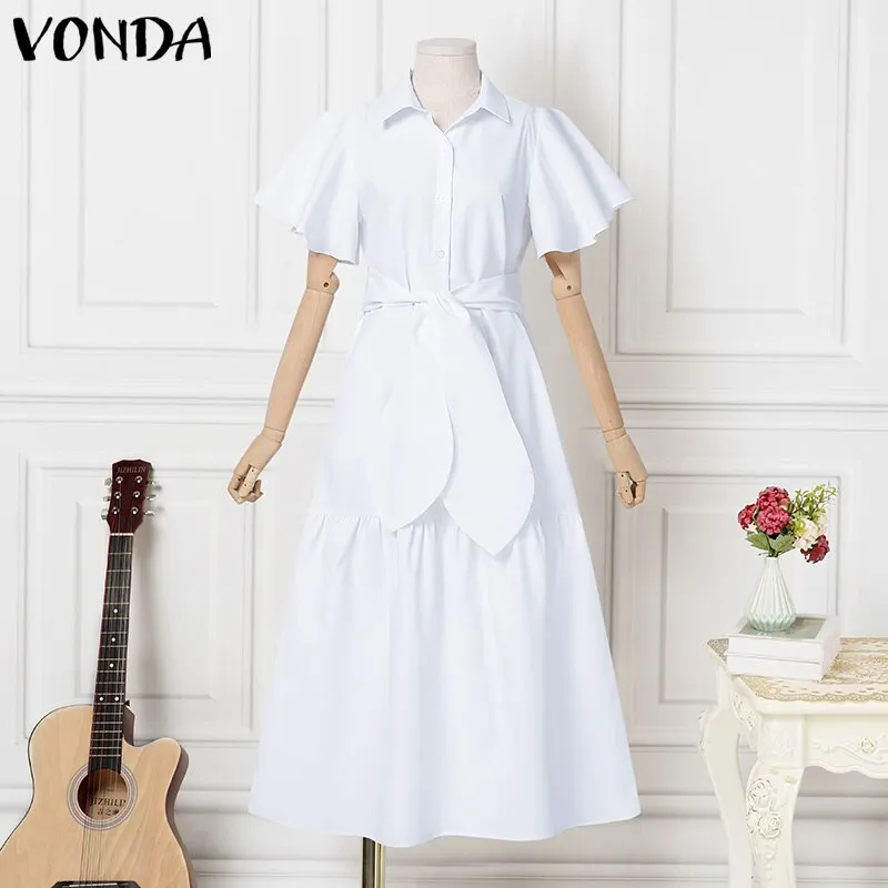 VONDA Summer Vestidos Women Short Sleeve Ruffled Tunic Dress Ladies Solid Robe Spring Casual Lapel Collar Button Up Sundress