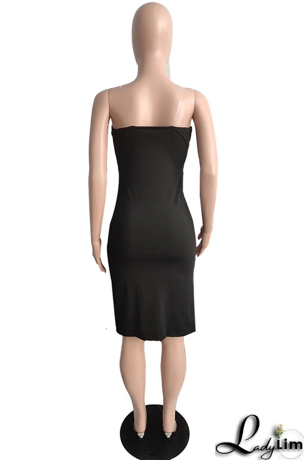 Black Fashion Sexy Solid Patchwork Backless Slit Spaghetti Strap Sleeveless Dress