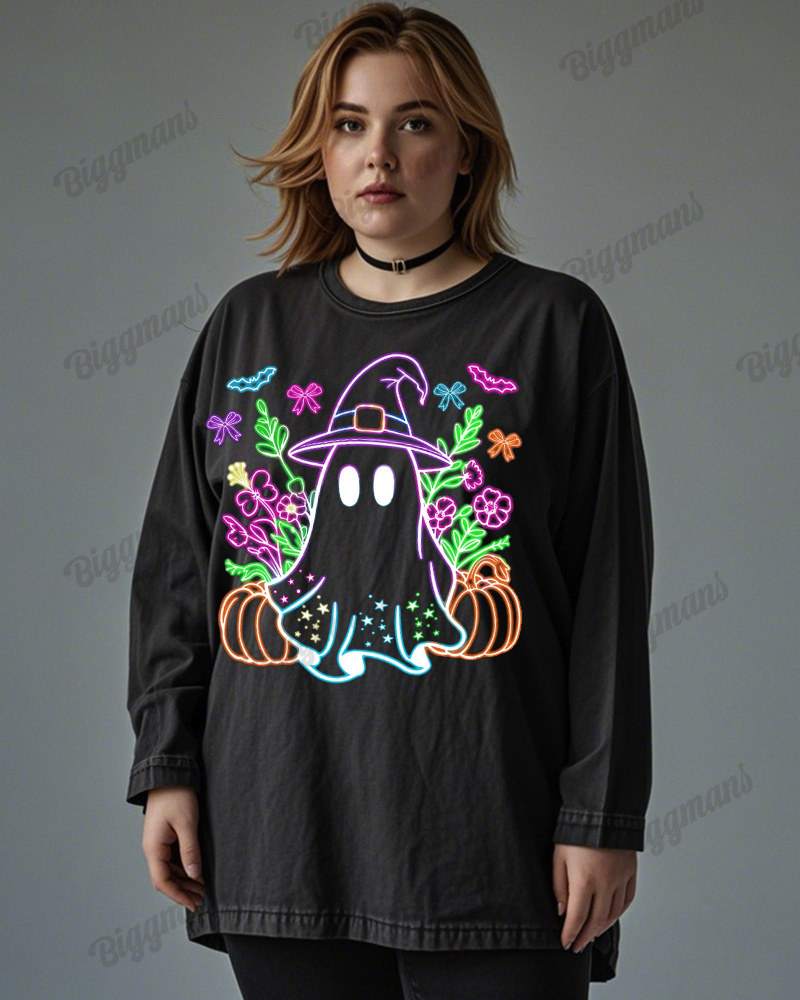 Cute Ghost Print Wash Cotton Round Neck Long Sleeve Plus Size Top