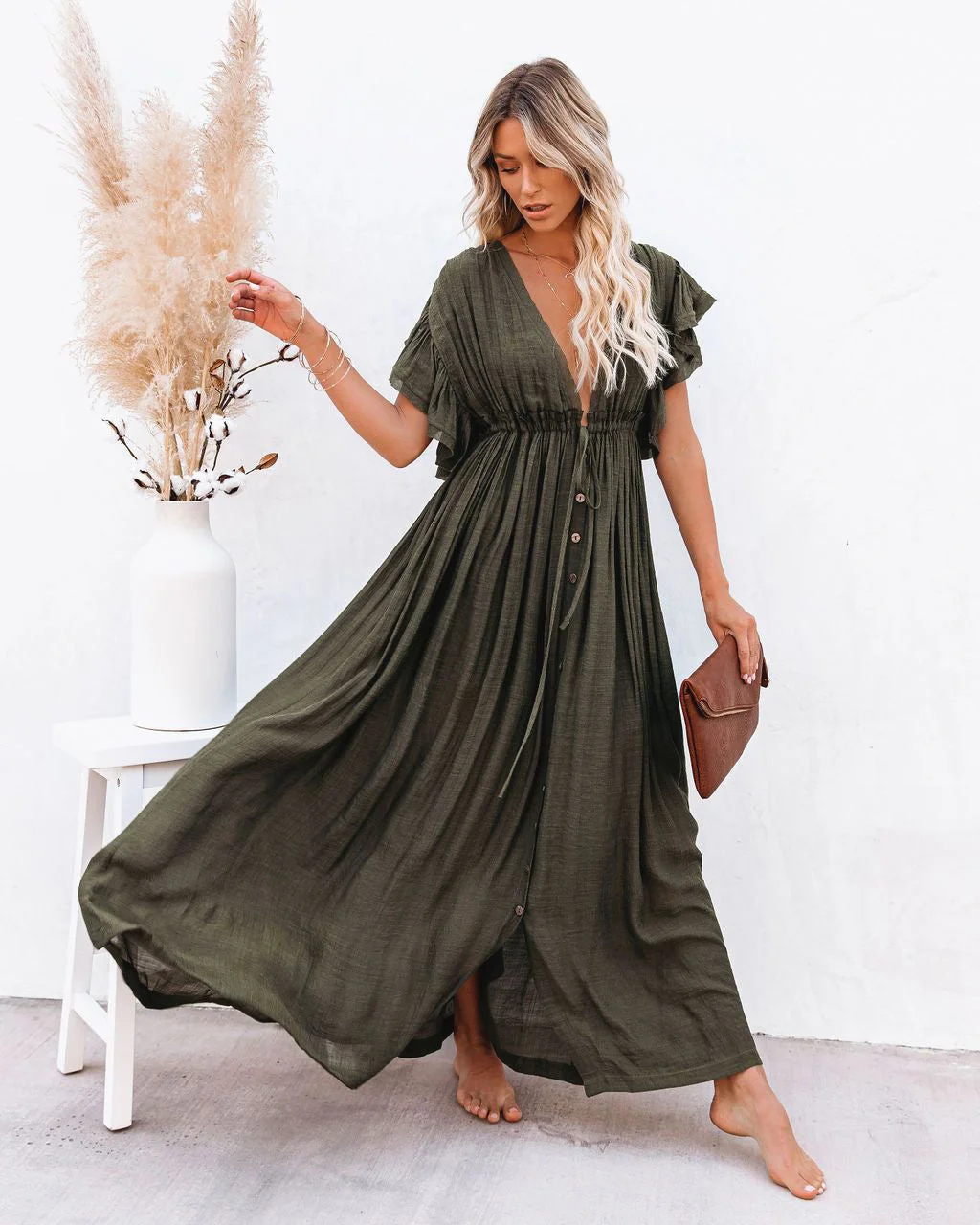 Brownm Summer Sun Protective Double-breasted Drawstring Dress Dresses
