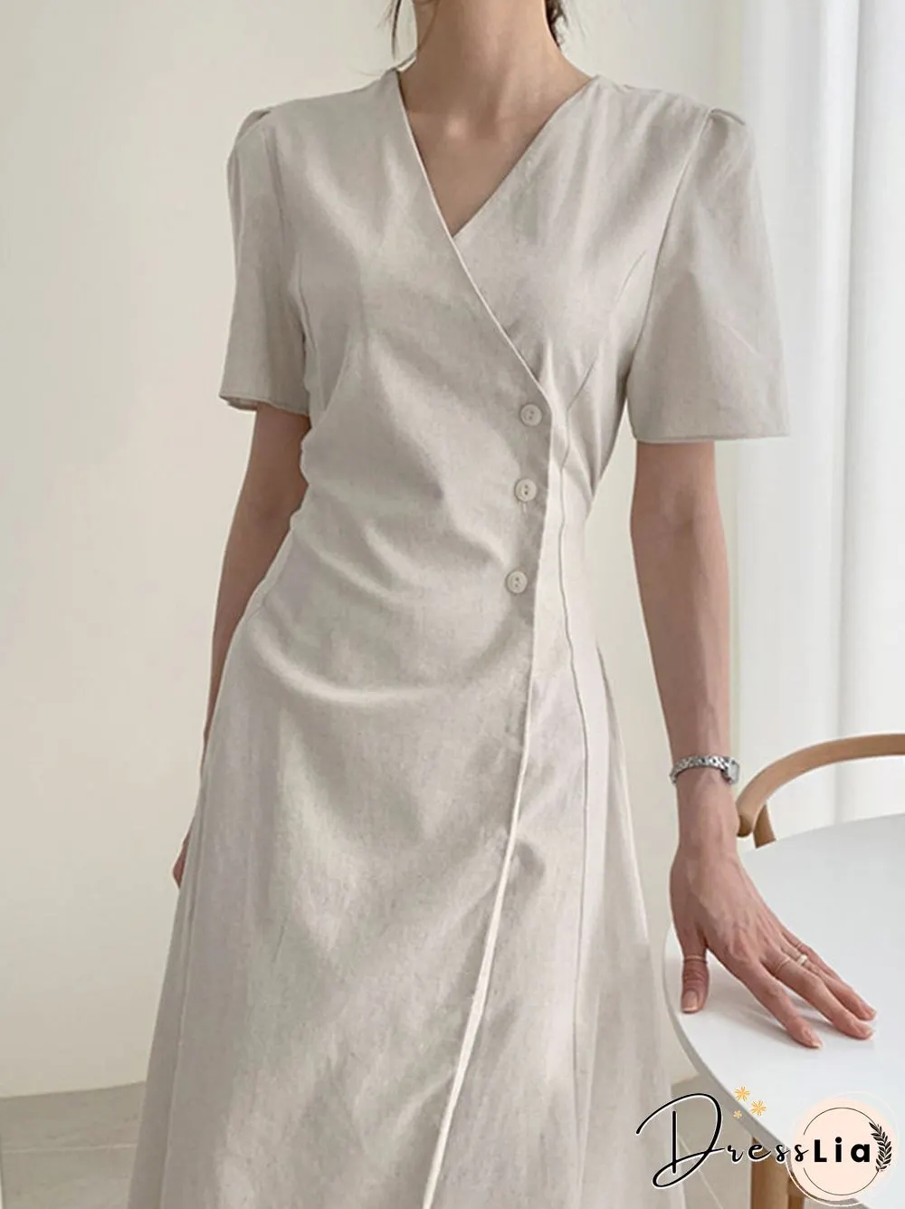 Solid Warp Button Front V-neck Short Sleeve Casual Dress