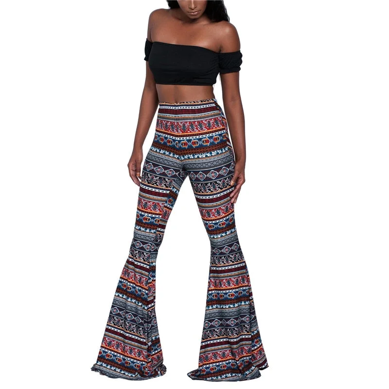 Women Pants New Baggy Flared Pants Boho Style Floral Hippie Wide Leg Gypsy Palazzo Casual Trousers Ladies Bell-bottomed Trousers