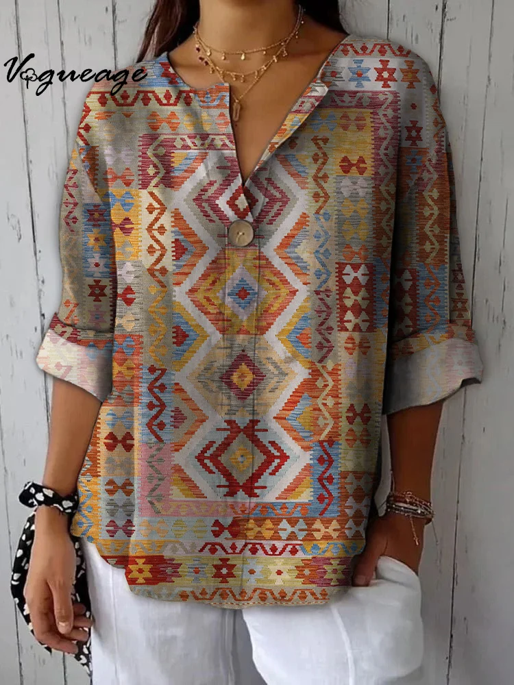 Retro Elegant Regular Pattern Printed Cotton And Linen Shirt