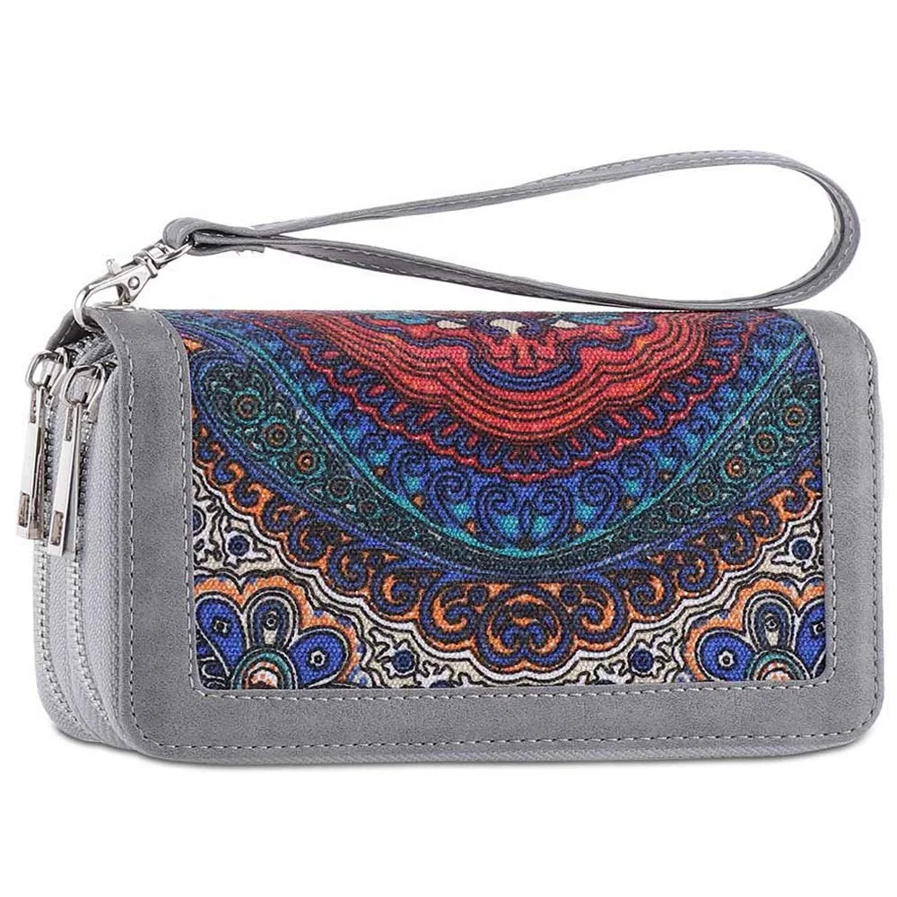 Double Zipper Long Clutch Wallet Cellphone Wallet for Women with Hand Strap for Card