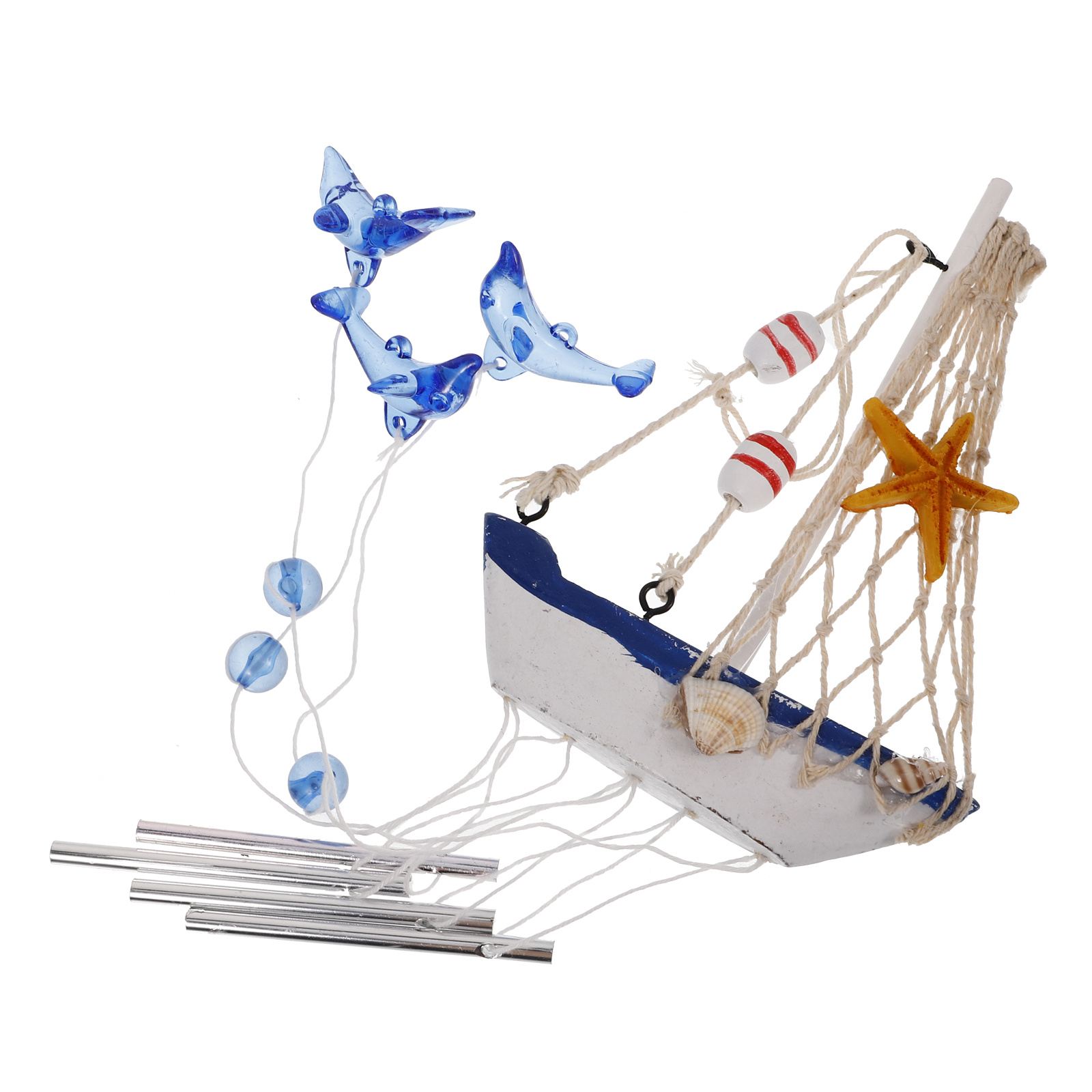 Tegooe Nautical Sailboat Wind Chime with Dolphin Pendants - Coastal Home Garden Decor