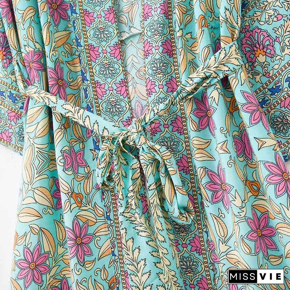 Boho Floral Print Belt Robe Long Cardigan Kimono Outerwear