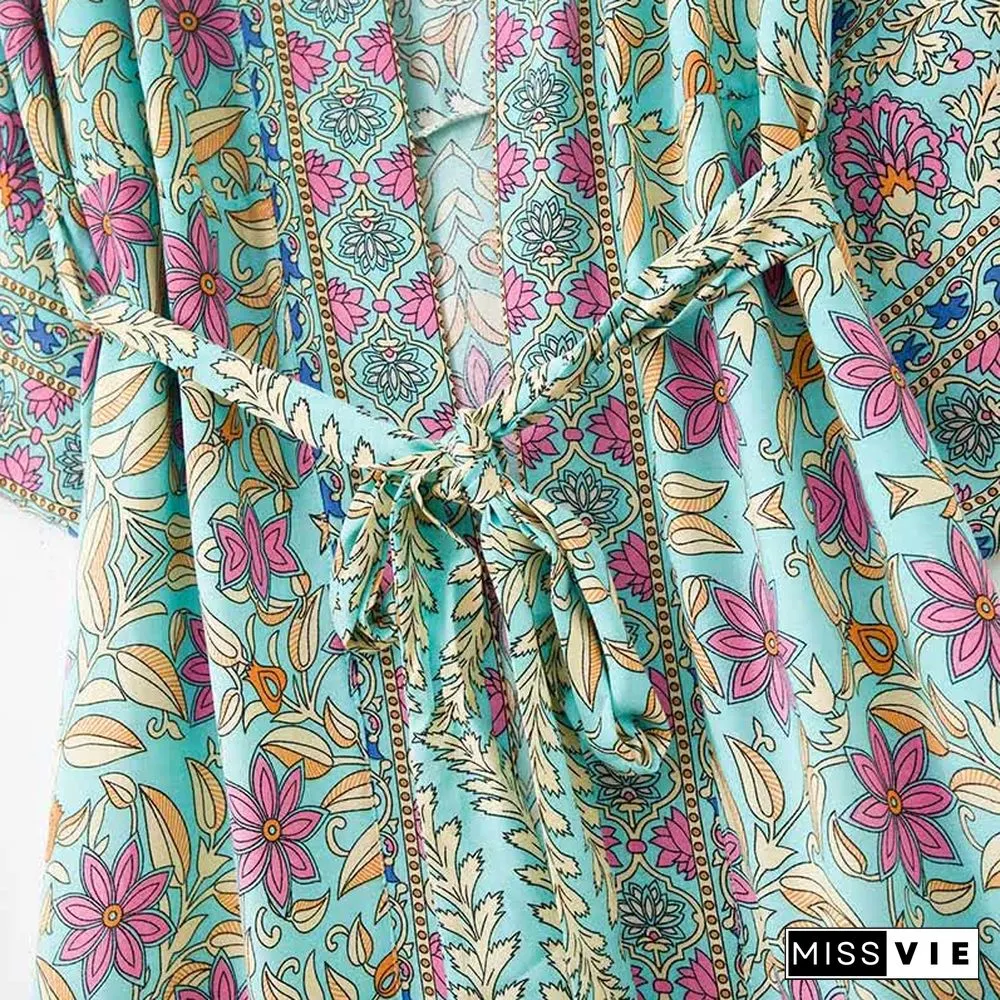 Boho Floral Print Belt Robe Long Cardigan Kimono Outerwear