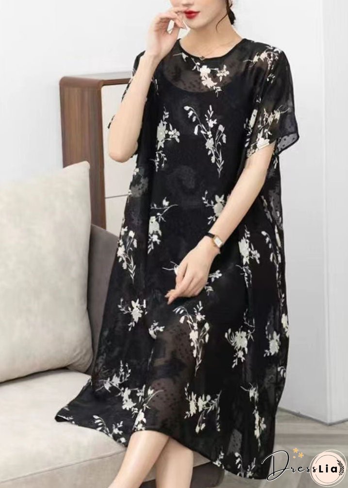 Handmade Black O Neck Print Patchwork Chiffon Dress Summer