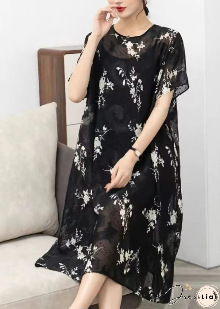 Handmade Black O Neck Print Patchwork Chiffon Dress Summer